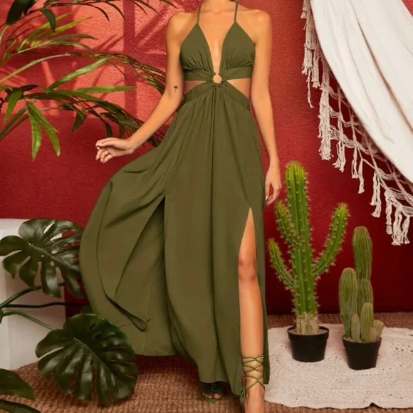 Dresses | Ring Linked Crisscross Tie Backless Mslit Hem Maxi Dress |  Poshmark